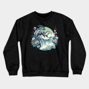 Aquatic Animal Vintage Flower Floral Falls Japanese Art Otter Crewneck Sweatshirt